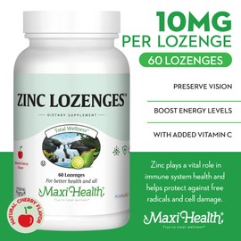 Maxi-Health Zinc Lozenges - Zinc Citrate 10mg - with Vitamin C - Cherry Flavor - 60 Chewables - Kosher