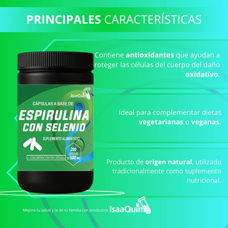 Espirulina con Selenio IsaaQuim | Suplemento Alimenticio | 200 Cápsulas