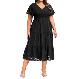 Plus Size Black Dress Women Summer Wedding Guest Midi Short Sleeve A Line Tiered Flowy Smocked Lace Floral Dresses 2024
