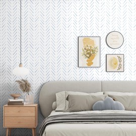 Peel and Stick Wallpaper Herringbone Striped Wallpaper 17.3"x78.8" White and Blue Wall Paper Boho Contact Paper Self Adhesive Removable Wallpapers Decorative for Bedroom Bathroom Cabinets Vinyl Roll