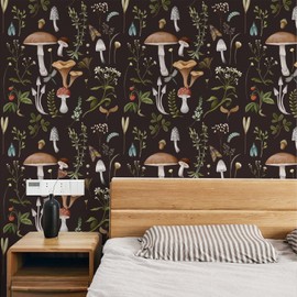 BaoHArtHome Mushroom Peel and Stick Wallpaper Contact Paper Removable Black Brown Floral Boho Vinyl Easy Peel Self Adhesive Off Wallpaper for Bedroom Living Cabinet Room 17.7in x 9.8ft