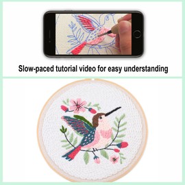 Myfelicity Punch Needle Embroidery Kit, Beginner Craft Set with Animal Pattern Design, 7.9 Inch Hoop (Hummingbird)