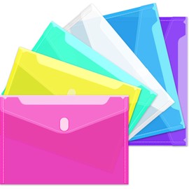 Sooez 6 Pack Plastic Envelopes, Plastic File Folders for Documents, Clear School Folder, Colored File Folders Letter A4 Size, Waterproof Poly Envelopes with Closure, 6 Color