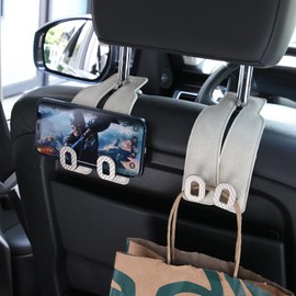 Car Headrest Hooks 2 Pack - Universal Premium Leather and Zinc Alloy - Alloy Car Seat Back Storage Hook for Purses Handbags Cloth Drink - Durable Car Accessories for Women Men (BH09-White-Silver)