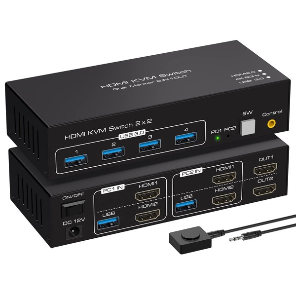 VPFET Dual Monitor KVM Switch HDMI 2 Port 4K60HZ KVM Switcher HDMI for 2 Computers 2 Monitors with 4 USB 3.0 Ports Support Copy and Extended Display and Desktop Control Including 2 USB 3.0 Cable