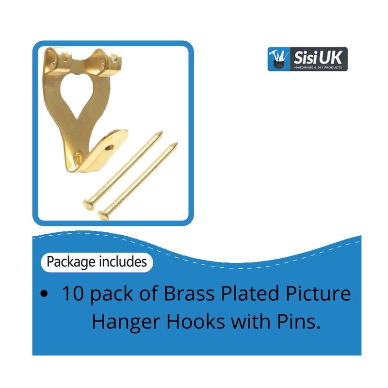 Brass Plated Picture Hanger Hooks with Pins Pack of 10