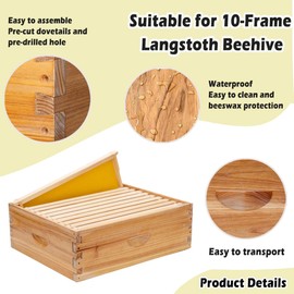 POLLIBEE 10 Frame Medium Super Beehive Box, Langstroth Honey Bee Box Dipped in 100% Beeswax Include Bee Hive Frames and Wax Foundations (unassembled)
