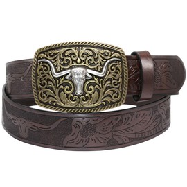 Western Cowboy-Belts for Women Men, Country-Cowigirl-Belt with Longhorn Head Buckle for Jeans Embossed Floral Leather, Dark Brown #2, Fit 25"-30" waist