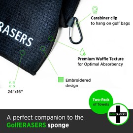 GolfERASERS Premium Microfiber Golf Towel with Clip for Golf Bag, 2 Pack, Waffle-Knit Pattern, Helps Keep Golfers’ Hands Dry While Playing, Pairs Perfectly Sponges, 24"x16"