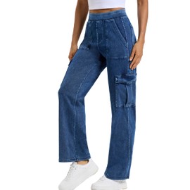 LighterGlide Women's Mid Rise Wide Leg Jeans Stretchy Knit Denim Casual with Multiple Pockets Pants