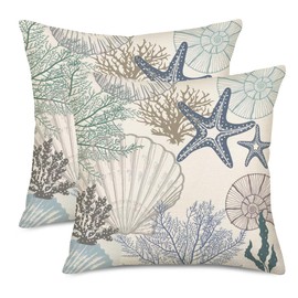 Fukeen Summer Beach Throw Pillow Covers 16 x 16 Inch Blue Ocean Sea Shell Coral Conch Starfish Summer Cushion Case for Sofa Couch Set of 2 Coastal Pillowcase Square
