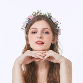 Love Sweety Greenery Flower Headband BOHO Leaf Hair Wreath Bridal Wedding Headpiece Maternity Floral Crown(White Pink Blue)