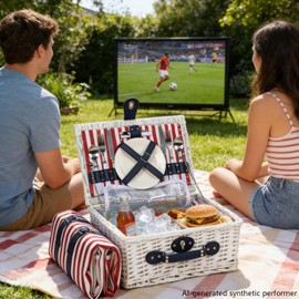 Wicker Picnic Basket for 2 with Waterproof Picnic Blanket and Insulated Bag, Patriotic Red White and Blue Star Pattern for Soccer Game, Camping, Travel, Birthday Gift, Wedding Gift