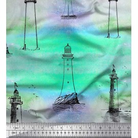 Soimoi Cotton Voile Fabric Lighthouse Nautical Printed Craft Fabric by the metre 56 Inch Wide