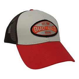 Buc-ee's Brown, Tan and Orange Adjustable Baseball Cap with The Word Embroidered on Front, Mesh Back, One Size Fits All