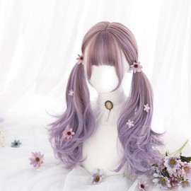 Eileen Long Curly Pink and Purple Wig, Perm, Full Wig, Natural Texture, Curly Hair, Princess Hair, Fluffy, Heat Resistant, Wig, Wind Chasing Girl, Small Face, Cute
