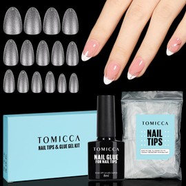 TOMICCA Artificial Nail Tips for Gel Nails, Gel Nails, Almond Short Nail Tips with Glue Set, 150 Pieces, Soft Gel Full Cover Nail Tips, Professional Salon Quality - 15 Sizes