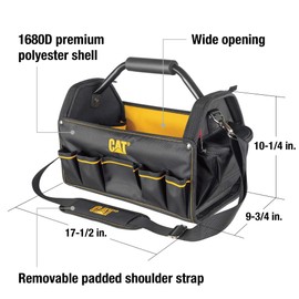 Cat 17-Inch Pro Tool Tote, Open Top Tool Bag, 15 Pockets for Tool Storage and Organization, Premium 1680D Polyester Weave, Steel Handle and Removable Shoulder Strap - 240046