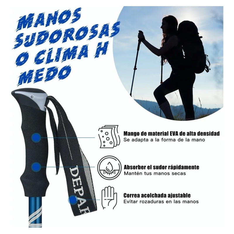 2 Bastón Trekking Plegable Ligero Senderismo Caminar Escalar Azul
