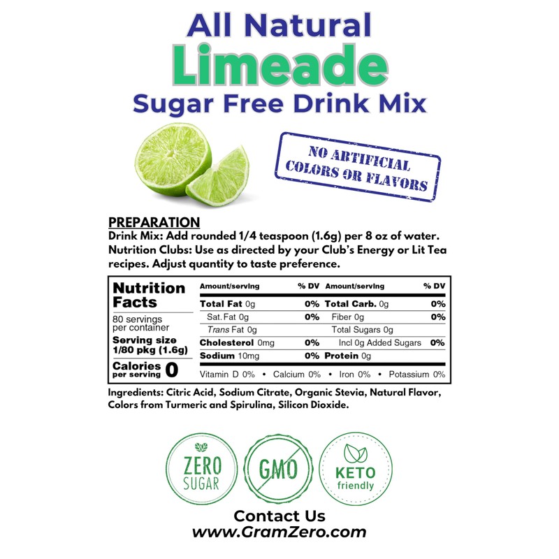 GramZero All Natural Limeade Zero Calorie Sugar Free Drink Mix,