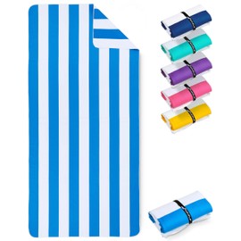 Fit-Flip Beach towel microfibre - large quick dry towels - for travel and swimming - lightweight, compact and super absorbent - sand free, 100% recycled - White-Sky Blue stripes 200x90cm