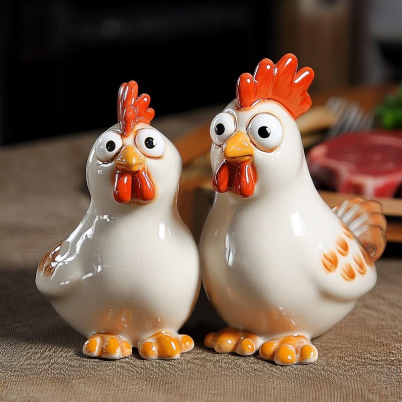 Bicuzat Ceramic Hen and Rooster Salt & Pepper Shakers Set,