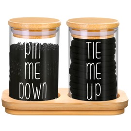 Funny Apothecary Jars 2 Pack Hair Tie Holder Organizers Bathroom Canisters with Tray Bobby Pin Holder Bathroom Jars Accessories Set with Lids for Bathroom décor Farmhouse Bathroom Storage Organization