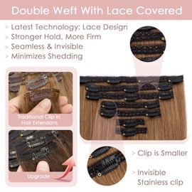 Silk-co Clip in Hair Extensions Real Human Hair Remy Double Weft With Lace Coverd Clip in Silky Straight Natural Thick Hair Seamless 7pcs 16Clips 100g Extension for Women 14Inch #06 Light Brown