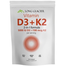 LONG GLACIER D3 5000 IU with K2 100 mcg, 300 SoftGels | D3 + K2 Supplement to Support Immune, Heart, Joint, Teeth and Bone Health | 300 Day Supply, Easy to Swallow