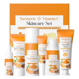 Turmeric & Vitamin C BeauBase Skincare Set 5 Piezas con Limpiador, Tónico, Suero, Crema de Ojos, Crema Hidratante y Broche, Iluminación e Hidratación para mujeres y niñas