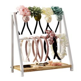 DGWJSU Headband Holder Organizer Metal 2-Tier Display Stand for Selling, Home Bedroom Headband Storage for Girls Women, Headband Stand Wood Base Can Store Hair Ties