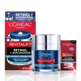 L'Oreal Paris Revitalift Pressed Night Cream with Retinol, Niacinamide, Visibly Reduce Wrinkles, Hydrate for Face, Under Eye, Neck, Chest, Dermatologist tested + Hyaluronic Acid Serum Sample, 1 kit, 2