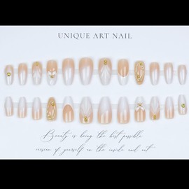 LPOODDNU White French Tip Press on Nails Almond - 3D Medium Fake Nails with Gilding Flower Designs, Glossy Finished Reusable False Nails with Adhesive Glue Tabs - 24Pcs Nail Kit for Women Manicure