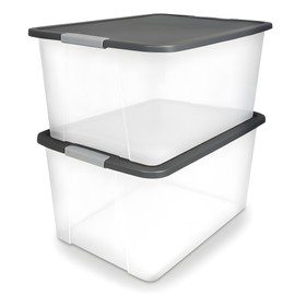 HOMZ 2-Pack Secure Latch, Clear Plastic Storage Organizer Bins, 64 Quart, Gray Lid - Heavy-Duty Container Boxes with Lids for Home, Office, and Garage