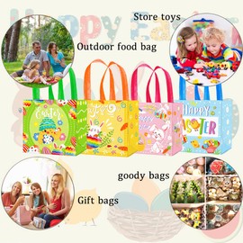 4 Pack Easter Tote Bags with Handles, Non-Woven Reusable Gift Bag Bunny Easter Egg Hunt Party Treat Bag Waterproof Reusable Goodie Bag for Holiday Favors
