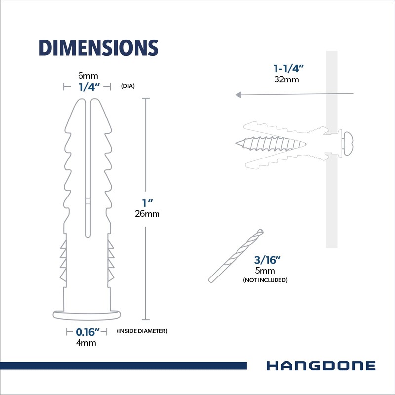 HANGDONE Ribbed Wall Anchors #8-#10 1-Inch with Screws 100-Pack, White,