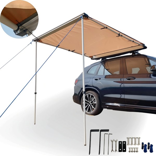DANCHEL OUTDOOR Portable Pull Out Car Camper Awning Camping with Metal Joints 4.9x8.2ft, Waterproof Roof Rack Truck Awning Sun Shelter Canopy SUV Trailers Khaki