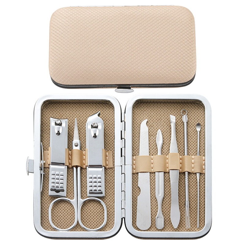 No Brand 8-Piece Set PU khaki Manicure Tool Set Stainless