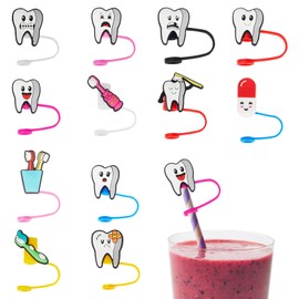 ADILAIDUN 12 Pack Kawaii Tooth Theme Silicone Straw Covers Cap, Reusable Straw Tips for 7-8 mm Straws, Drinking Straw Toppers, Accessories, Party Supplies