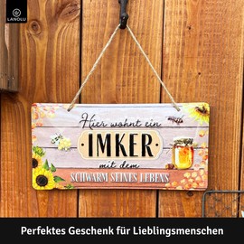 LANOLU Retro Tin Sign IMKER Accessories, Swarm of His Life, Gift for Beekeepers, Bee Decoration, Decorative Bees, Bee Gift, Metal Sign with Jute Cord 16 x 32 cm