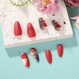 Valentine's Day Press On Nails Almond Fake Nails Red Flower Stick On Nails Frosted Fake Nails With Designs Acrylic Nails Kit Press On Nails For Women 24pcs