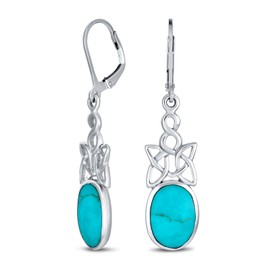 Celtic Love Knot Work Bezel Set Oval Blue Turquoise Lever Back Dangle Earrings Western Style For Women Teens .925 Sterling Silver