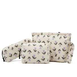 ZOEMTIU Makeup bag set small Cosmetic bag for women purse Corduroy Organizer with interior Pockets,cute Pencil zipper Pouch travel Toiletry Bag with handle(Tulip Purple)