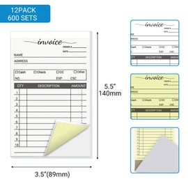 suituts 12 Pack Sale Invoice Books 3.5 x 5.5 Inch, 2 Part Carbonless Receipt Book, Sale Order Book for Business, 50 Sets Each Pad,Total 600 Sets