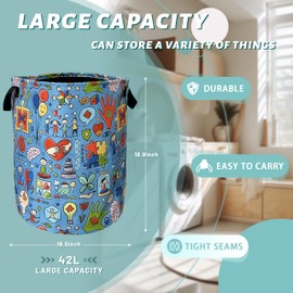 Autism Awareness Doodles Laundry Basket Foldable With Handles ColorfulTote Bag Oxford Cloth Funny Laundry Hamper Clothe Storage Bucket Toy Organizer 18.9"x16.5"For Bathroom/Laundry/Bedroom