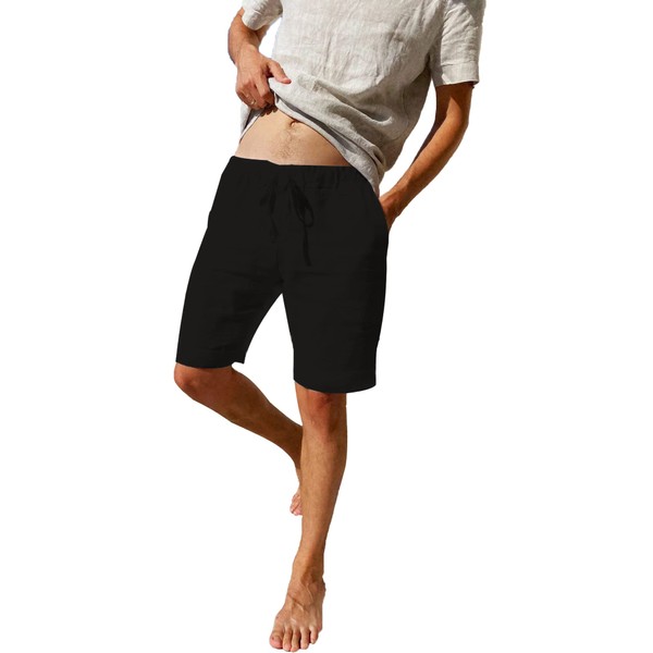 LVCBL Men's Shorts Linen with Drawstring Home Wear Black 3XL