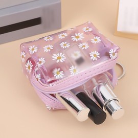 Daisy Coin Purse Wallet Clear Change Pouch Bag Small Flower Makeup Bag Cute Floral Cosmetic Bag Waterproof Sanitary Napkin Storage Bag Transparent Credit Card Holder with Key Ring Pink