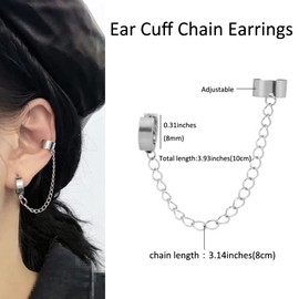 Jemant Ear Cuff Clip With Dangle Drop Cross Chain Earrings Silver Stainless Steel Punk Cool Kpop Cross Ear Clip On Hoop Chain Earrings Set Jewelry For Men Women Bro Hushand Father