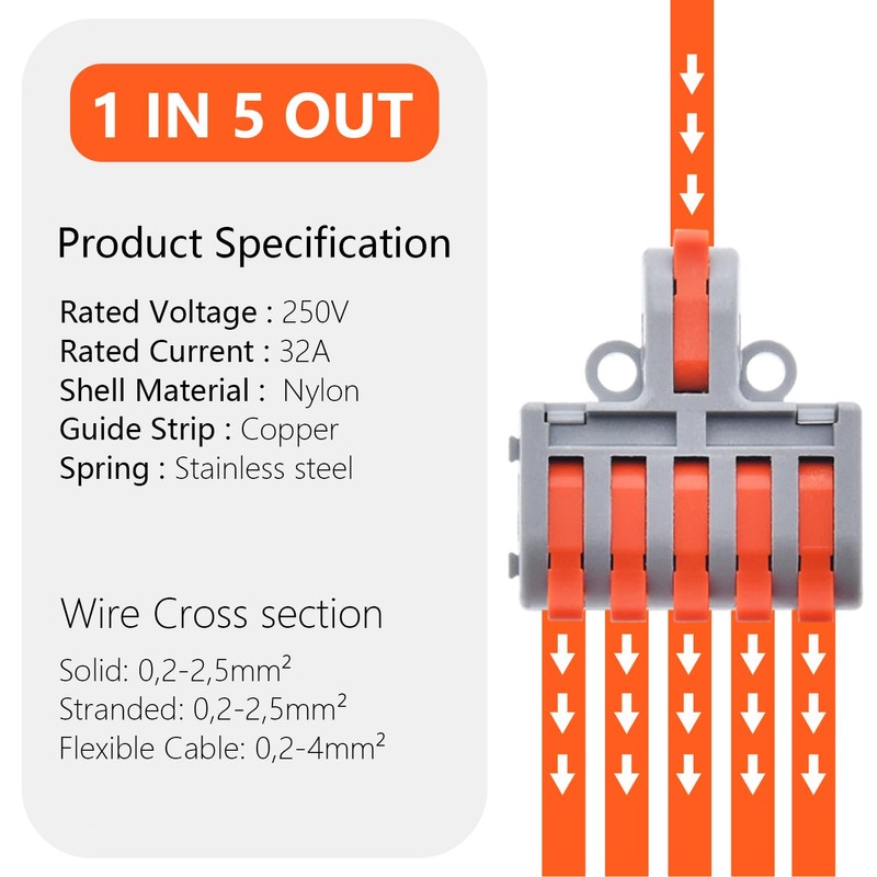 XALXMAW 10Pcs Lever Wire Connectors, 1 in 5 Out DIY