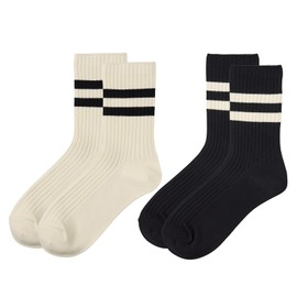 Okamoto 845-804 Women's Ribbed Line Socks, Cotton, Crew Length, 2 Pairs/3 Pairs Set, Spring/Summer, Fit, line, 23.0-25.0 cm